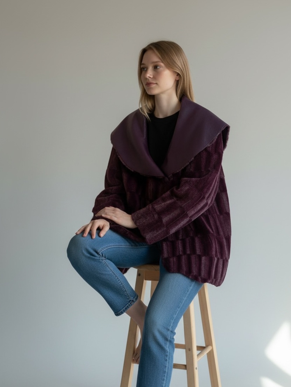Chi by Falchi Reversible Plum Burgundy Faux Fur & Croco-Texture Coat Small Glam